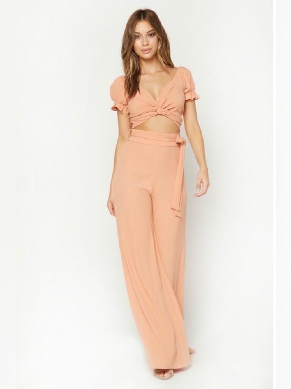 Flynn Skye Peach Wide-Leg Jumpsuit with Tie Waist